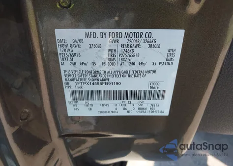 2008 Ford F-150 Fx4/Lariat/Xl/Xlt z USA, uszkodzony, nr VIN 1FTPX14598FB91190